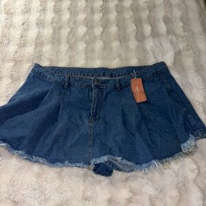 SHEIN Dark Blue Denim Skort with Frayed Hem